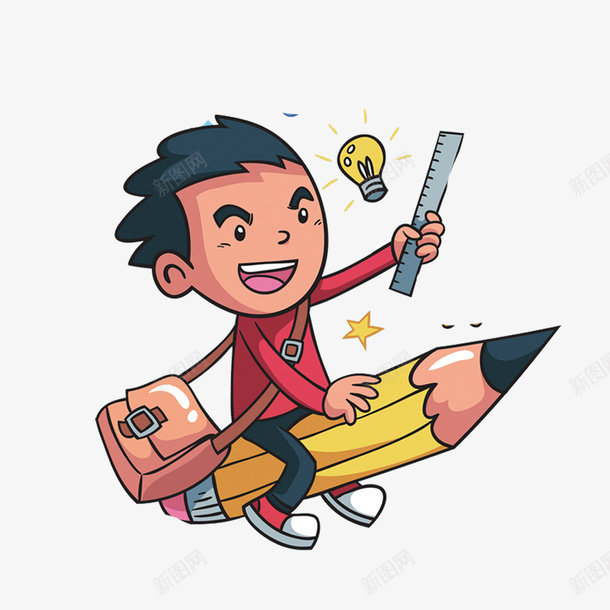 卡通手绘坐在铅笔上的小男孩png免抠素材_新图网 https://ixintu.com 上学 书包 卡通 尺子 彩色 手绘 校园 正太 男孩 读书 铅笔