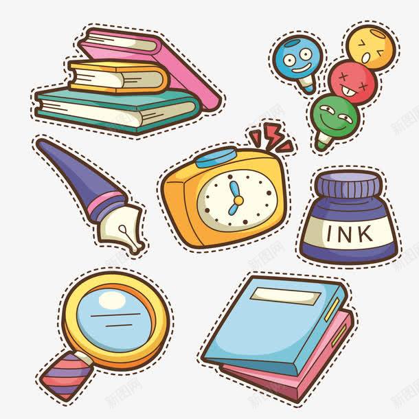 卡通学习工具图像png免抠素材_新图网 https://ixintu.com 书本 卡通 图 学习 工具 时钟 橡皮擦 笔 计算器 订书机