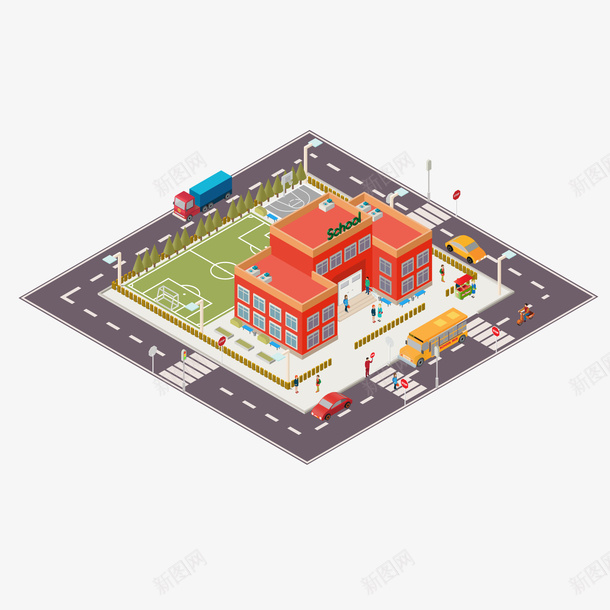 校园png免抠素材_新图网 https://ixintu.com PNG免抠图下载 学校场景 教育 校区 校车 装饰 足球场