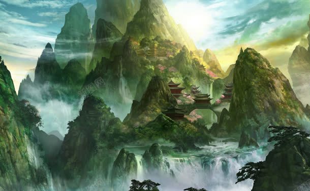 手绘玄幻山庄山水场景jpg设计背景_新图网 https://ixintu.com 场景 山庄 山水
