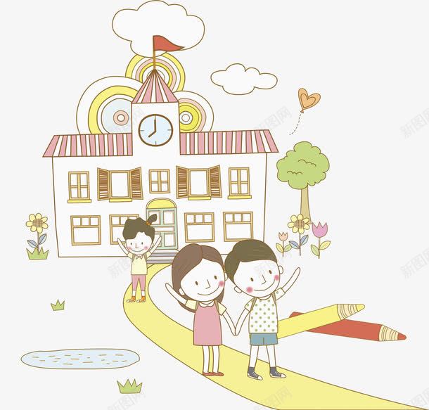挥手的孩子png免抠素材_新图网 https://ixintu.com 卡通 大树 学生 孩子 小学 挥手 花朵 铅笔