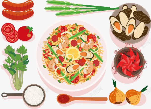 一桌美食png免抠素材_新图网 https://ixintu.com 一桌饭菜 俯拍 卡通 双壳贝类 蔬菜 蛤蜊饭 饭菜