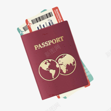 红色封面国际护照夹着机票实物图标图标