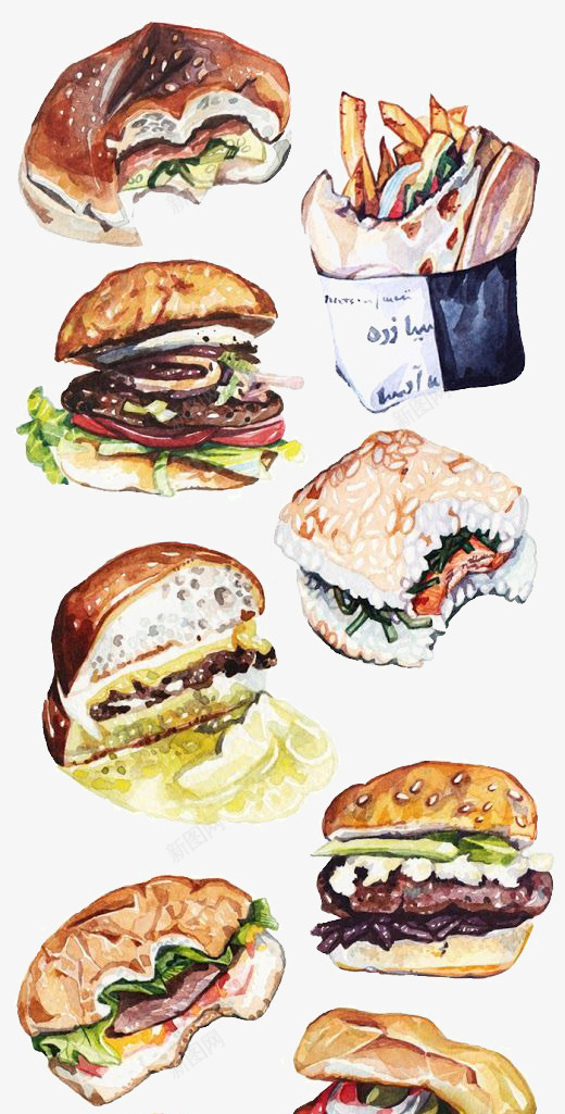 美食png免抠素材_新图网 https://ixintu.com 卡通 快餐 手绘 插画 文艺 水彩 汉堡 清新 美式 美食