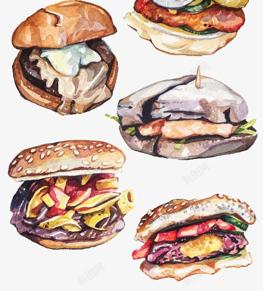 美食png免抠素材_新图网 https://ixintu.com 卡通 快餐 手绘 插画 文艺 水彩 汉堡 清新 美式 美食