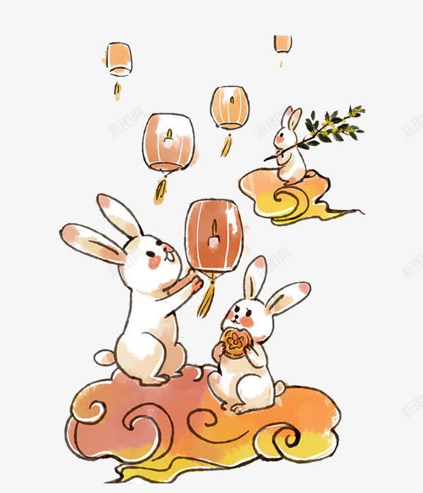 中秋卡通兔子png免抠素材_新图网 https://ixintu.com 中国风 中秋卡通兔子 中秋节 兔子挑着 月兔 灯笼 祥云 绘