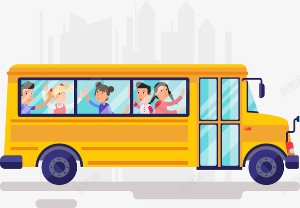 学生校车png免抠素材_新图网 https://ixintu.com 公共汽车 卡通汽车 卡通装饰 建筑 彩色底纹 矢量图案