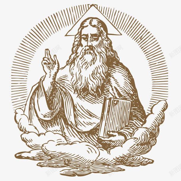 西方古代上帝png免抠素材_新图网 https://ixintu.com 上帝 书籍 云朵 光群 圆环 坐着 手指 手绘 指点