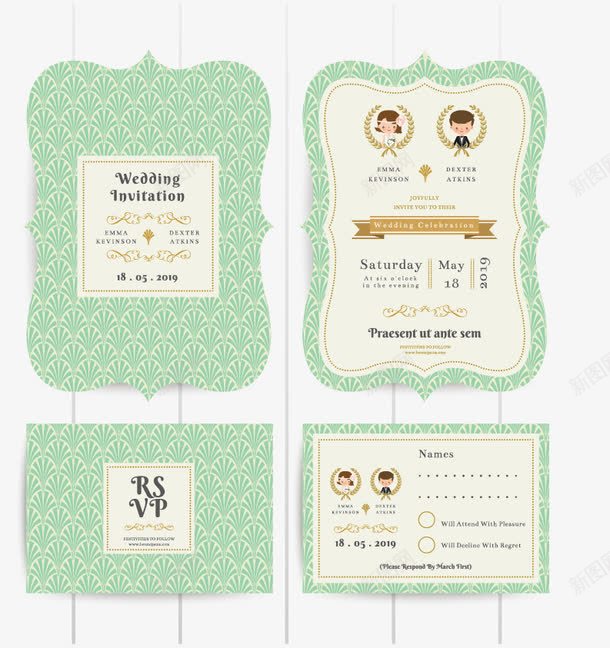 婚礼请柬png免抠素材_新图网 https://ixintu.com 卡通婚礼请柬 卡通新郎新娘 婚礼名片 婚礼请贴 新人 美丽新人请帖 花纹婚礼卡片