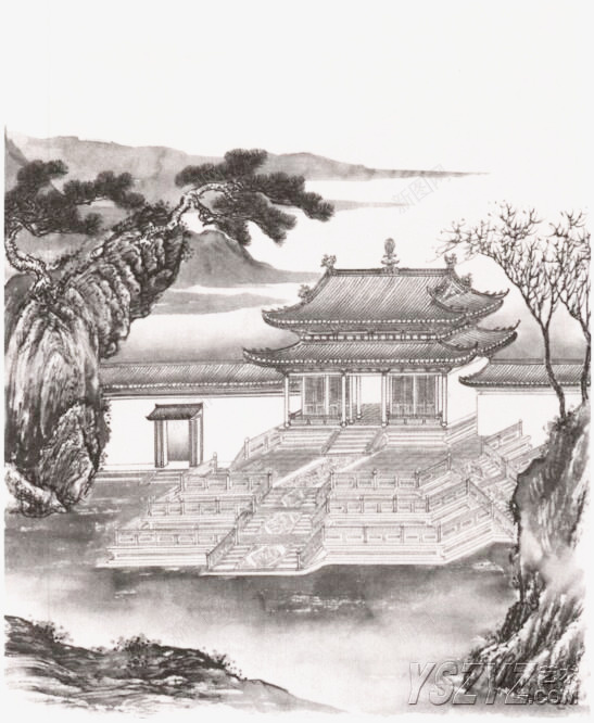 古风户外水墨中式庭院png免抠素材_新图网 https://ixintu.com 全景 古典 后院 屋檐 山水 意境 格局 民俗 水墨庭院