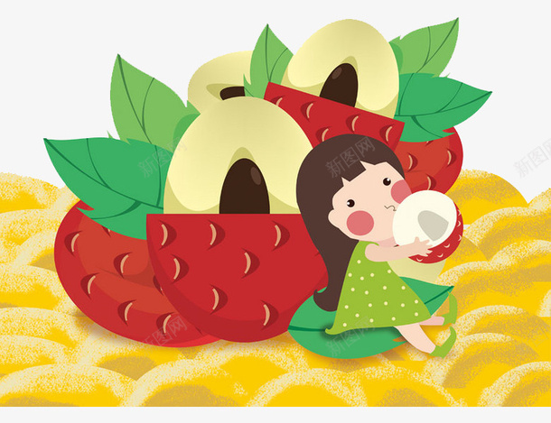 手绘吃荔枝的可爱女孩png免抠素材_新图网 https://ixintu.com 卡通手绘荔枝 可爱 女孩 树叶 水果 荔枝