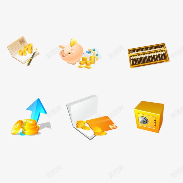 金钱psd免抠素材_新图网 https://ixintu.com 保险箱 储蓄罐 笔 算盘 金币 银行卡