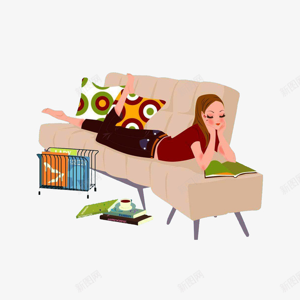 趴在沙发上看书的女孩png免抠素材_新图网 https://ixintu.com 卡通插画 沙发上的人 满地的书本 趴在沙发上看书的女孩