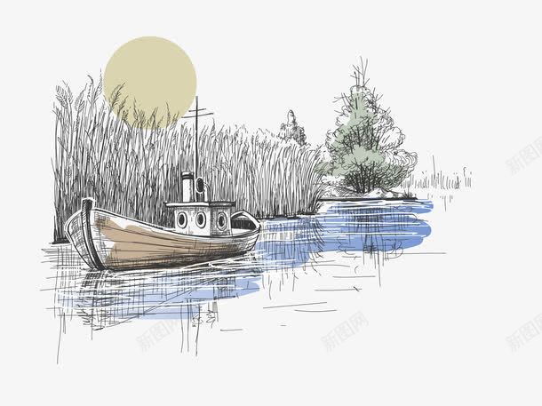 素描风景png免抠素材_新图网 https://ixintu.com EPS免抠 大图免抠 手绘 素描 船 芦苇 风景 高清免抠
