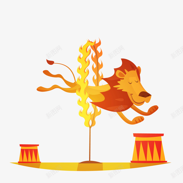 马戏团跳火圈的狮子png免抠素材_新图网 https://ixintu.com 卡通动物 狮子 背景装饰 表演 跳火圈 马戏团