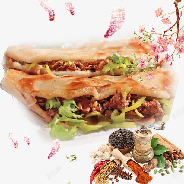 金黄酥皮肉夹馍平面装饰png免抠素材_新图网 https://ixintu.com 卡通花瓣 桃花装饰 肉夹馍 调味料 陕西特色 陕西肉夹馍 餐点美食