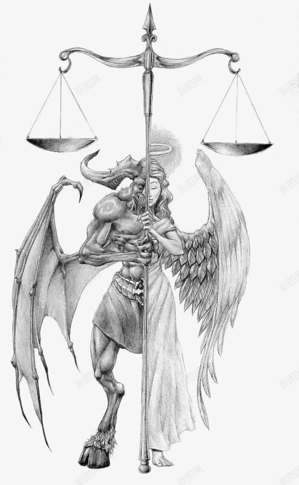 公平正义一半天使一半恶魔png免抠素材_新图网 https://ixintu.com 卡通手绘 天使 恶魔 黑白简画