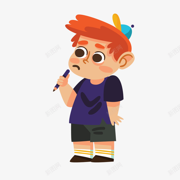 拿着笔思考的男孩矢量图ai免抠素材_新图网 https://ixintu.com 专注力 儿童生活节 儿童节 卡通 思考 拿着笔 男孩 矢量图