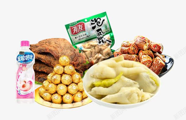果粒奶优费罗列巧克力png免抠素材_新图网 https://ixintu.com 一堆零食 产品实物 有友泡凤爪 果粒奶优 费罗列巧克力鸡腿 鸭脖