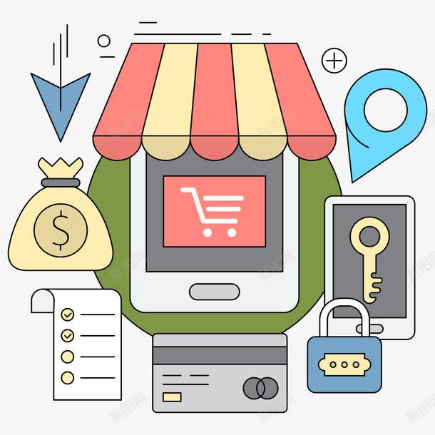 网上购物线性图标矢量图eps_新图网 https://ixintu.com 交易 交易平台 位置 商店 密码锁 网上购物 账单 钱袋 银行卡 矢量图