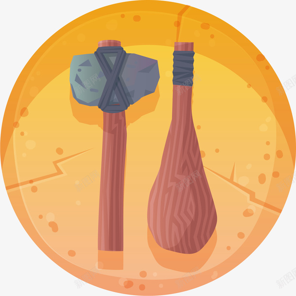 古老的工具png免抠素材_新图网 https://ixintu.com 创意 原始 圆形 手柄 手绘 木制品 棒槌 石头 纹路 锤子
