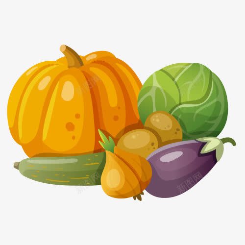 卡通蔬菜png免抠素材_新图网 https://ixintu.com 卡通有趣 卷心菜 卷心菜插画 土豆 抽象蔬菜 瓜果蔬菜 茄子 菜类图片 蔬菜Q版 装饰图 黄色南瓜