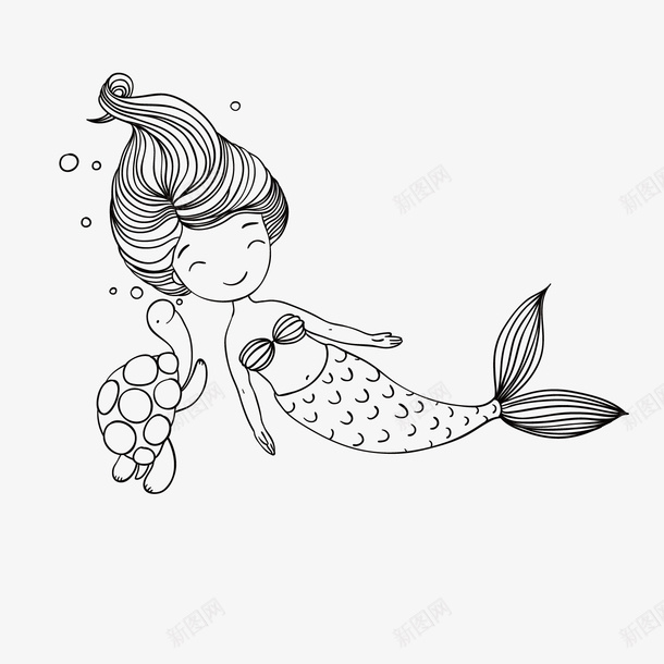 美人鱼的线性插图矢量图ai免抠素材_新图网 https://ixintu.com 乌龟 唯美 手绘 线性插画 美人鱼 美女 长发 矢量图