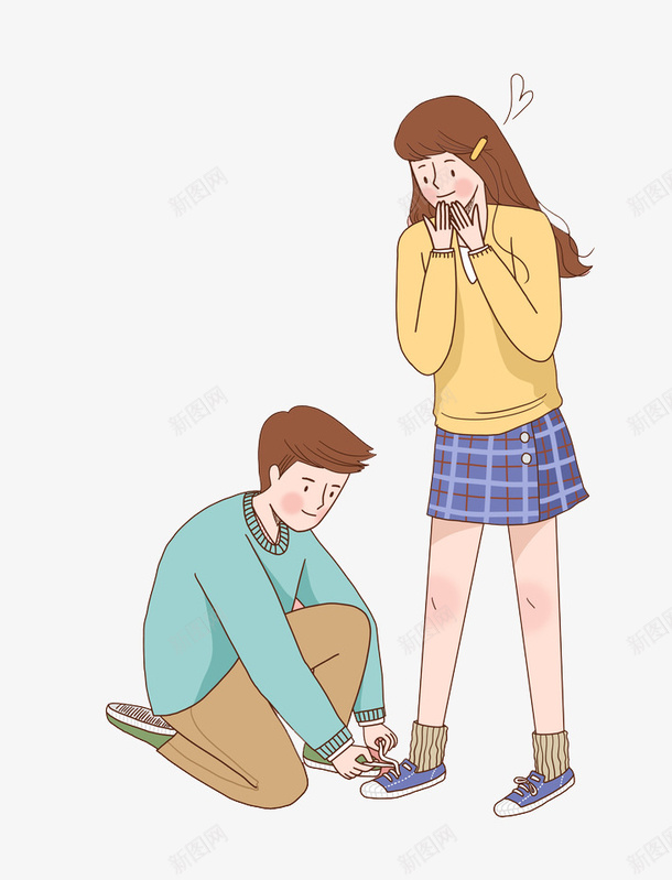 卡通男孩为女孩系鞋带图png免抠素材_新图网 https://ixintu.com 卡通 女孩 害羞的 恩爱的 情侣 插图 男孩 系鞋带