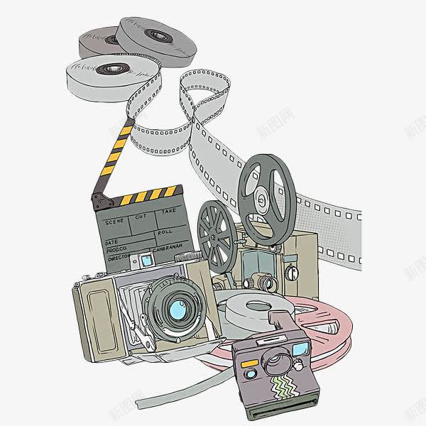 复古手绘照相机放映机png免抠素材_新图网 https://ixintu.com 场记板 场记牌 复古 手绘 放映机 照相机 电影 胶卷