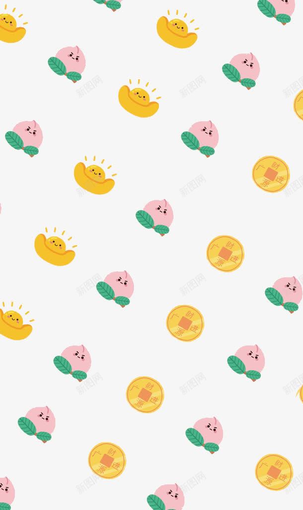 卡通金元宝桃子png免抠素材_新图网 https://ixintu.com 卡通背景 卡通金元宝 桃子 金币