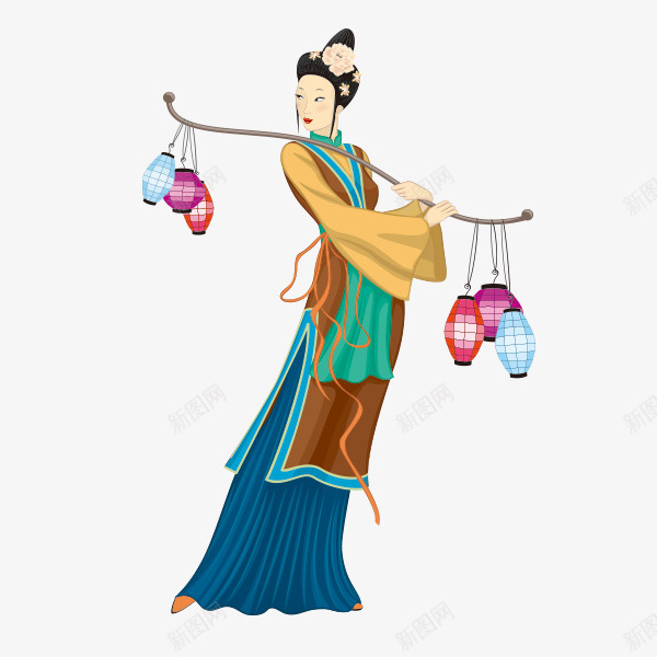 古代手绘女子png免抠素材_新图网 https://ixintu.com 古代小人 古风 回眸 回眸一笑 女子 婀娜多姿 扁担 束发 花灯 转身