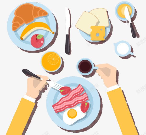 手绘卡通食物png免抠素材_新图网 https://ixintu.com 卡通 卡通吃早餐 咖啡 培根 手绘 牛奶 牛角包 用餐 盘子 芝士 西式早餐 面包 食物 餐具 饭菜