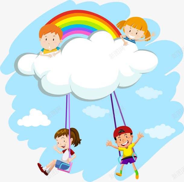 手绘荡秋千的孩子png免抠素材_新图网 https://ixintu.com 云朵 小孩 彩虹 快乐 想象力 手绘 童年 荡秋千