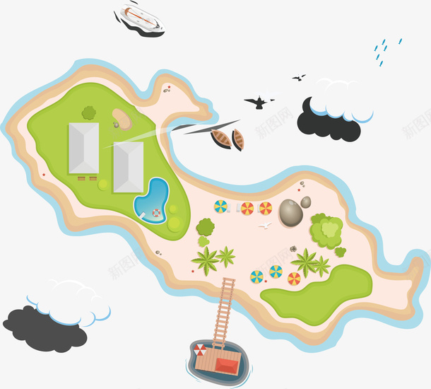美丽小岛俯视图矢量图ai免抠素材_新图网 https://ixintu.com 卡通 房屋 楼梯 绿色 绿色草地 美丽小岛 矢量图