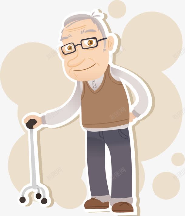 可爱老爷爷png免抠素材_新图网 https://ixintu.com 手绘 拐杖 浅色背景 白发 短发 背心 背手 黑色眼镜框