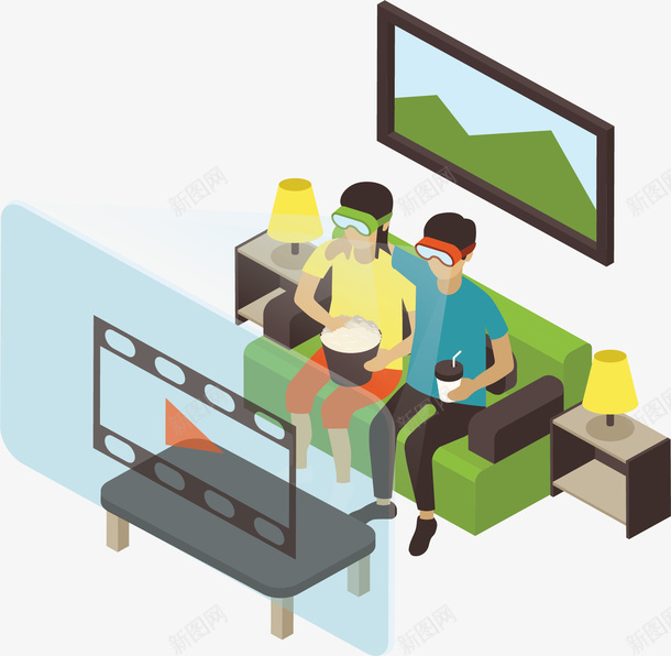 卡通看电影矢量图ai免抠素材_新图网 https://ixintu.com PNG图 PNG图下载 VR世界 VR观看 人物插图 创意卡通 卡通 卡通插图 插图 看电影 矢量图