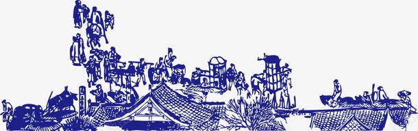 蓝色剪纸中国画市井民俗画png免抠素材_新图网 https://ixintu.com 中国画 人物 剪纸 古代 古代商铺街景 市井民俗画 建筑 民风 矢量剪纸 蓝色 集市