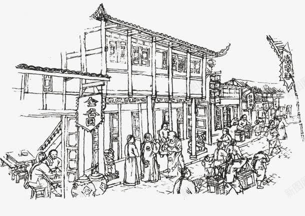 古代街道png免抠素材_新图网 https://ixintu.com 古代 古楼 手绘老街 街道 酒楼