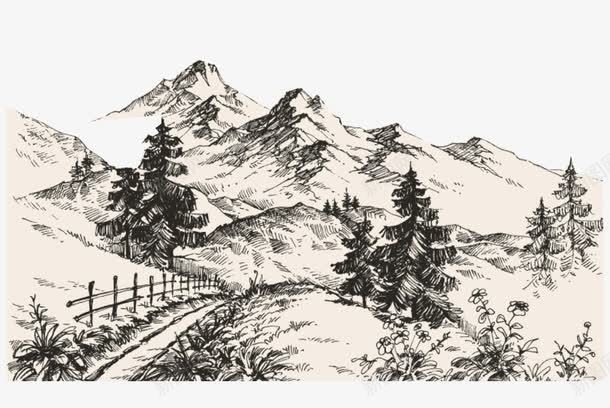 速写山岭png免抠素材_新图网 https://ixintu.com 山岭 山路蜿蜒 松树 花花草草 速写 风景优美 黑白山峰
