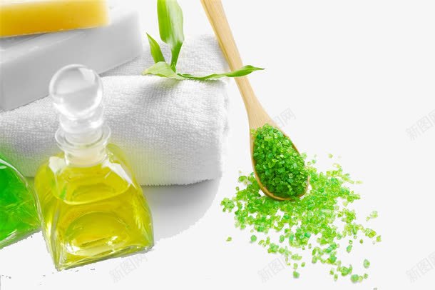 精美绿色SPA用品png免抠素材_新图网 https://ixintu.com spa spa用品 树叶 毛巾 水疗中心 生态养生 石头按摩 精油 绿色浴盐 美容护肤 芳香疗法 香皂