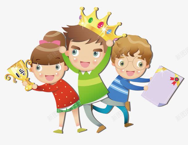 卡通手绘得奖的孩子们png免抠素材_新图网 https://ixintu.com 卡通 头冠 奖杯 奖状 女孩 彩色 得奖 得奖人物 手绘 男孩 荣誉 获奖