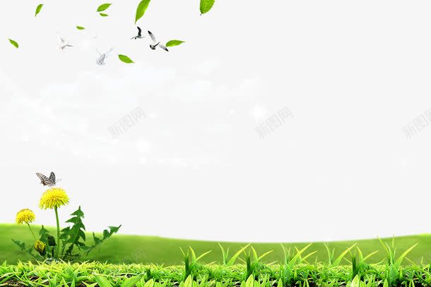 野外绿色郊外风景png免抠素材_新图网 https://ixintu.com 叶子 天空 植物 白云 花卉 草地 草坪 落叶 蝴蝶 野外绿色郊外风景 飞鸟