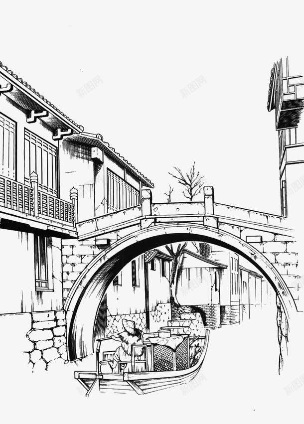 手绘素描风江南水乡png免抠素材_新图网 https://ixintu.com 江南水乡素材 素描江南 黑白风水乡