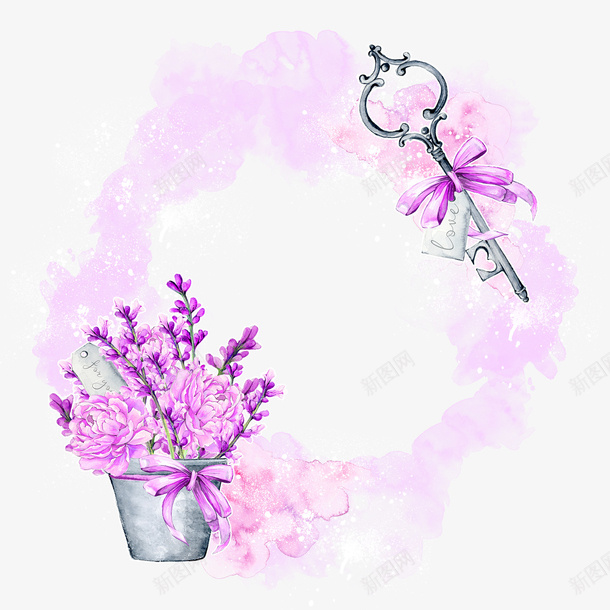 手绘水彩紫色花朵花环png免抠素材_新图网 https://ixintu.com 十字扣 浪漫 粉色喷墨花环 紫色花朵盆栽 装饰背景图案 钥匙扣