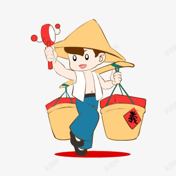 手绘卡通挑扁担叫卖的人png免抠素材_新图网 https://ixintu.com 卡通 可爱 带斗笠 扁担 拨浪鼓 挑扁担 敲糖帮 斗笠 沿街叫卖 漫画 筐子