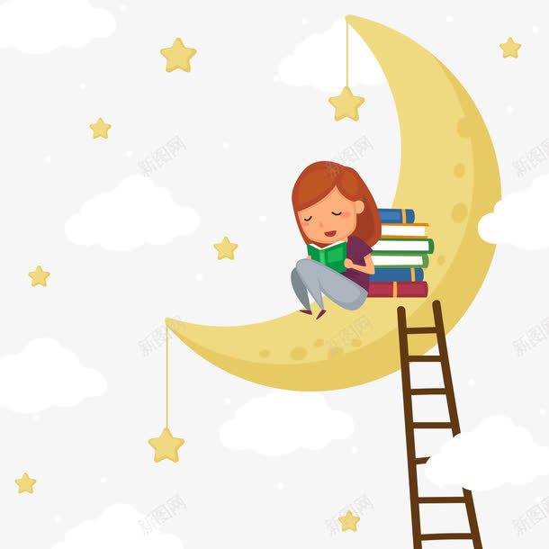 女孩在月球上读书png免抠素材_新图网 https://ixintu.com 图书 女孩 星星 月亮 梯子 读书日