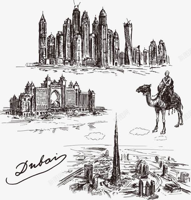 迪拜速写插画png免抠素材_新图网 https://ixintu.com 地产 城市 城镇 建筑 房子 房屋 迪拜 迪拜速写插画 都市 高楼