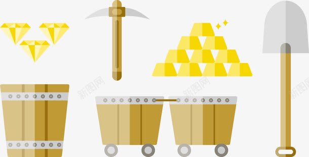挖采金矿png免抠素材_新图网 https://ixintu.com 滚轮 砖石 箱子 金元宝 铲子 锄头