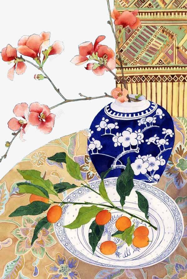 桌上的盘子png免抠素材_新图网 https://ixintu.com 手绘 插画 攀枝 水果 粉色花卉 花卉 花朵 陶瓶 青花瓷