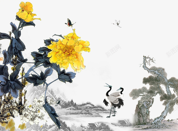 中国风传统节日重阳节psd免抠素材_新图网 https://ixintu.com 中国风 中国风传统节日重阳节 九月九日 传统节日 山景 菊花 重阳节